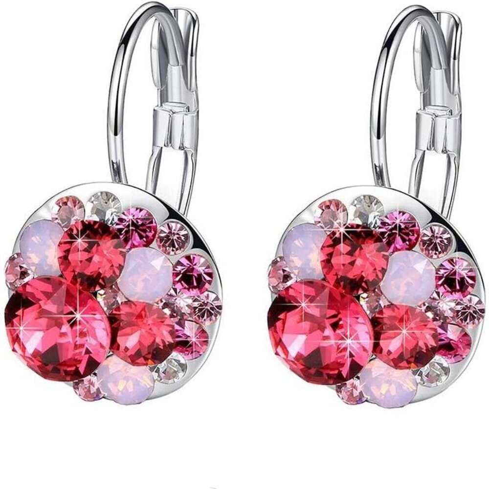 Multicolored Austrian Crystal Leverback Earrings for Women 14K Gold Plated Dangl